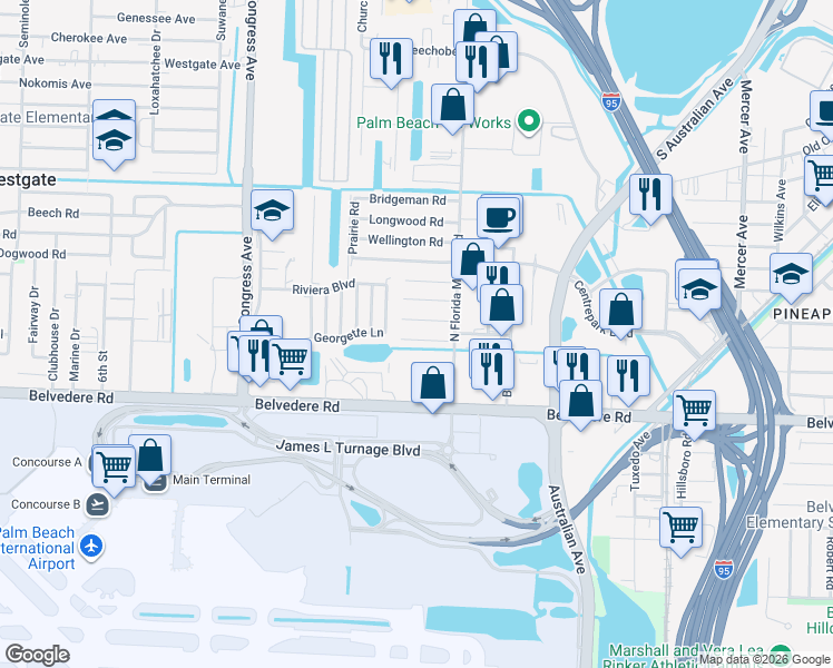 map of restaurants, bars, coffee shops, grocery stores, and more near 2032 Ardmore Road in West Palm Beach
