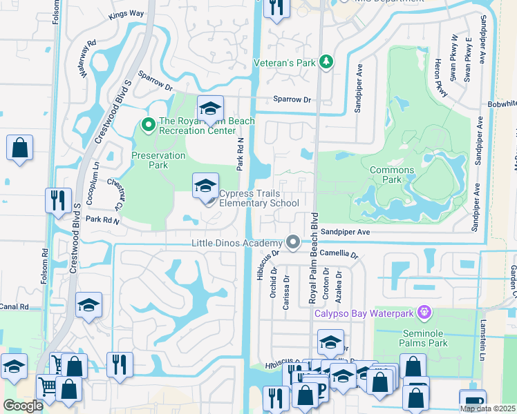 map of restaurants, bars, coffee shops, grocery stores, and more near 12001 Poinciana Boulevard in Royal Palm Beach