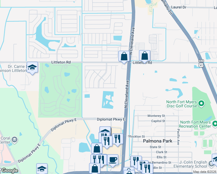 map of restaurants, bars, coffee shops, grocery stores, and more near 89 Sandhill Drive in North Fort Myers
