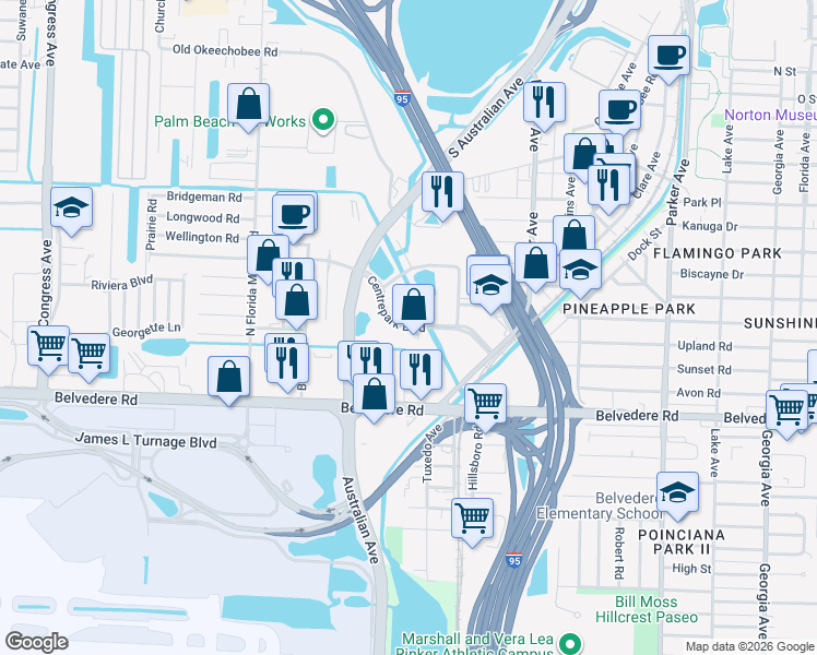 map of restaurants, bars, coffee shops, grocery stores, and more near 1400 Centrepark Boulevard in West Palm Beach