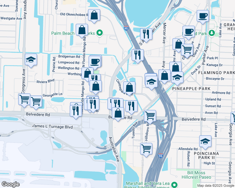 map of restaurants, bars, coffee shops, grocery stores, and more near 1450 Centrepark Boulevard in West Palm Beach