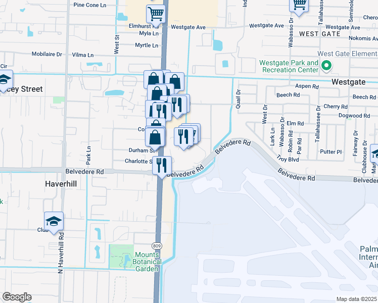 map of restaurants, bars, coffee shops, grocery stores, and more near 4375 Belvedere Road in West Palm Beach