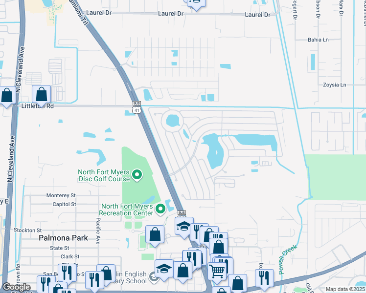 map of restaurants, bars, coffee shops, grocery stores, and more near 338 Doubloon Drive in North Fort Myers