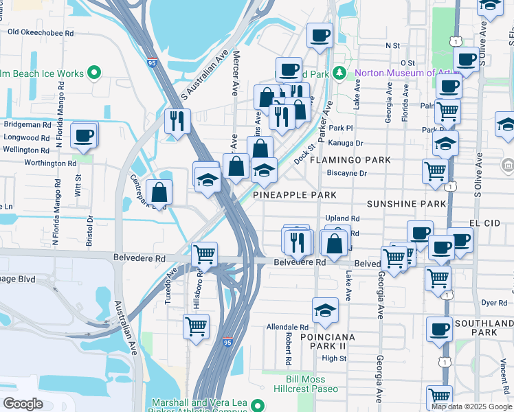 map of restaurants, bars, coffee shops, grocery stores, and more near 1104 Boyd Street in West Palm Beach