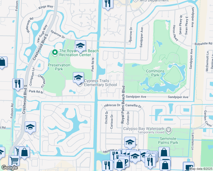 map of restaurants, bars, coffee shops, grocery stores, and more near 12005 Poinciana Boulevard in Royal Palm Beach