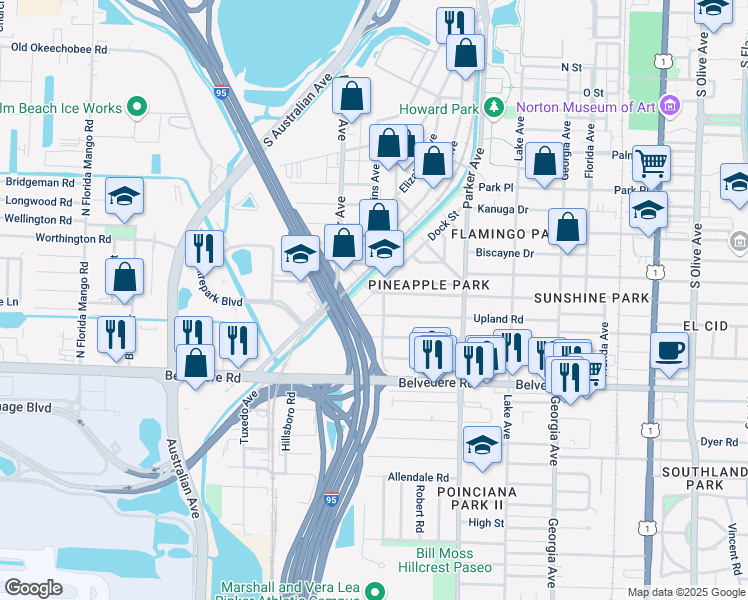 map of restaurants, bars, coffee shops, grocery stores, and more near 1104 Boyd Street in West Palm Beach