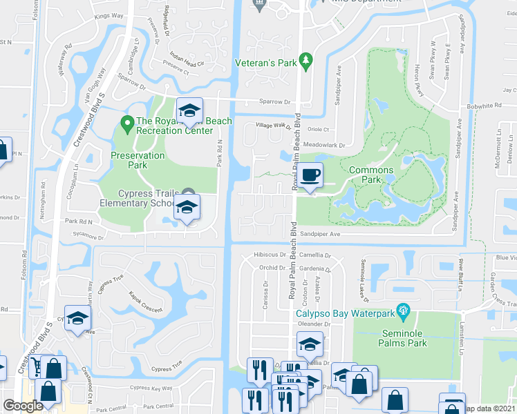 map of restaurants, bars, coffee shops, grocery stores, and more near 12005 Poinciana Boulevard in Royal Palm Beach