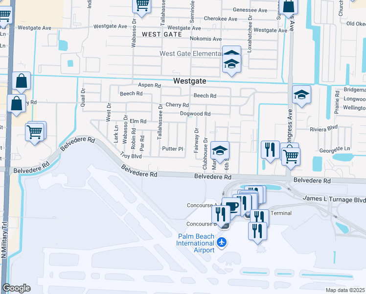 map of restaurants, bars, coffee shops, grocery stores, and more near 2353 Fairway Drive in West Palm Beach