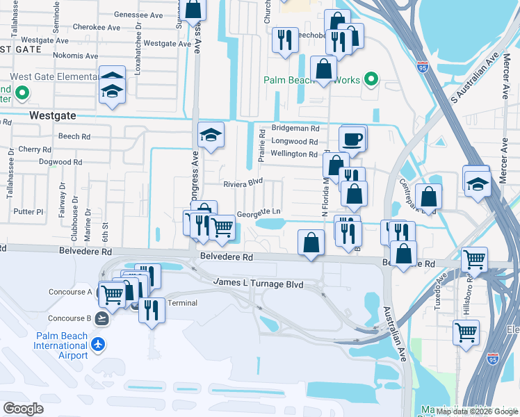 map of restaurants, bars, coffee shops, grocery stores, and more near 180 Shari Drive in West Palm Beach
