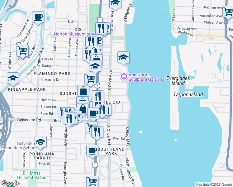 map of restaurants, bars, coffee shops, grocery stores, and more near 284 Cordova Road in West Palm Beach