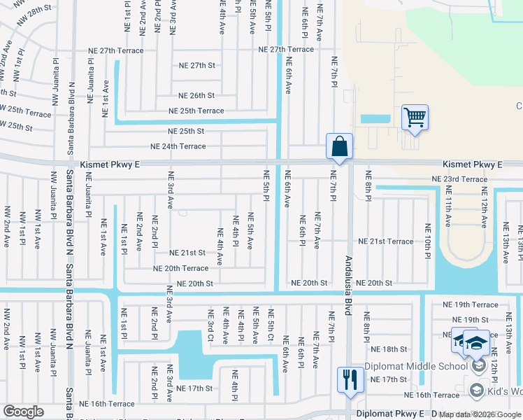 map of restaurants, bars, coffee shops, grocery stores, and more near 2211 Northeast 5th Avenue in Cape Coral