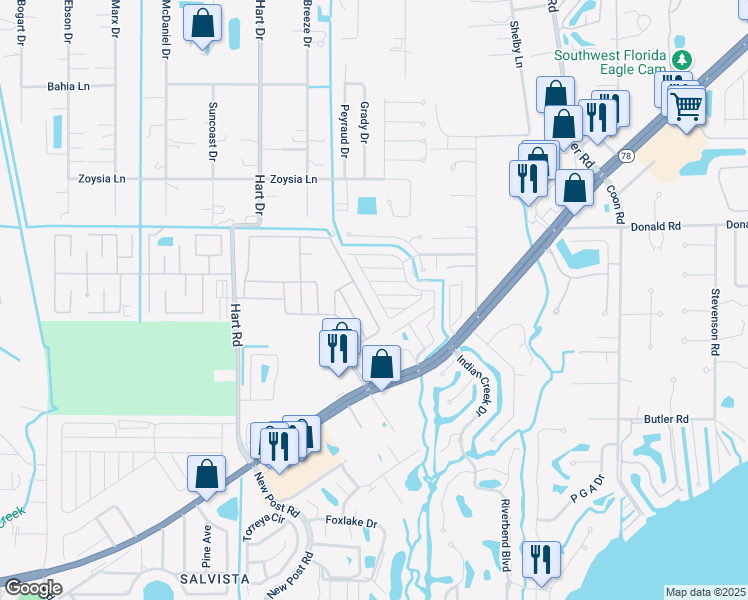 map of restaurants, bars, coffee shops, grocery stores, and more near 232 Flame Lane in North Fort Myers