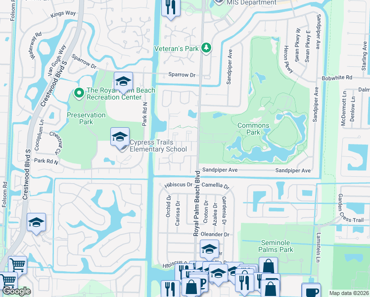 map of restaurants, bars, coffee shops, grocery stores, and more near 12009 Poinciana Boulevard in Royal Palm Beach