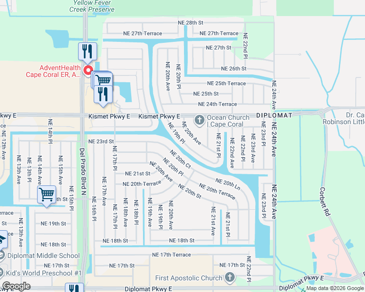 map of restaurants, bars, coffee shops, grocery stores, and more near 2220 Northeast 19th Place in Cape Coral