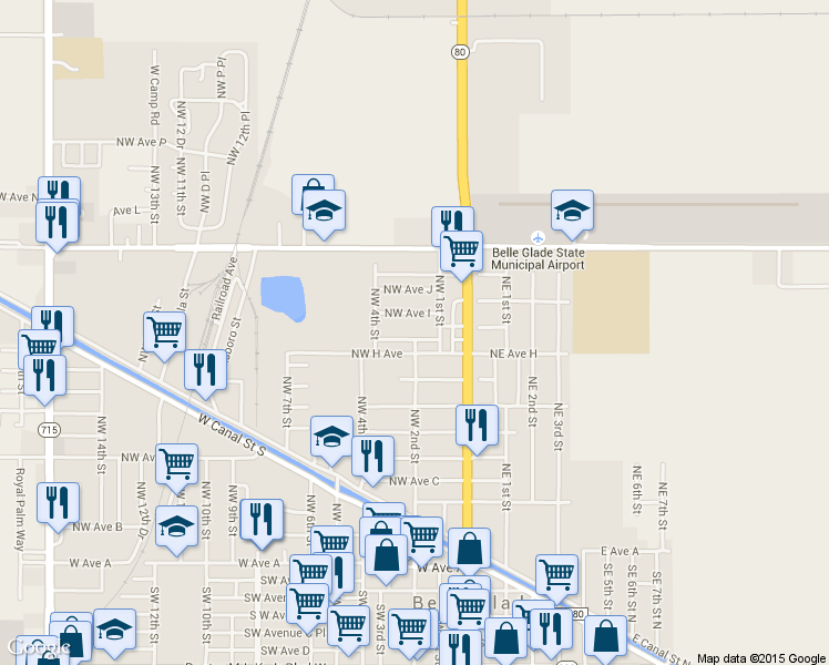 map of restaurants, bars, coffee shops, grocery stores, and more near 133 Northwest Avenue H Place in Belle Glade