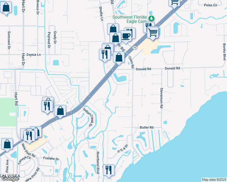 map of restaurants, bars, coffee shops, grocery stores, and more near 15131 Piping Plover Court in North Fort Myers