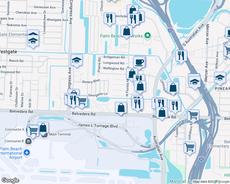 map of restaurants, bars, coffee shops, grocery stores, and more near 2032 Ardmore Road in West Palm Beach
