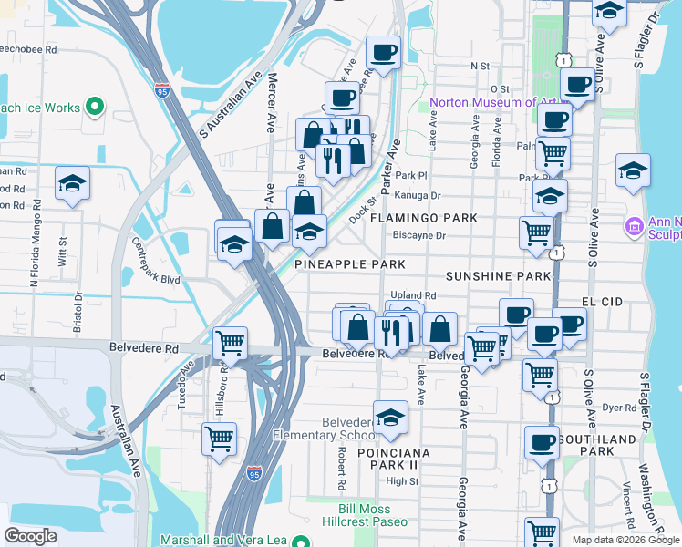 map of restaurants, bars, coffee shops, grocery stores, and more near 939 Ardmore Road in West Palm Beach