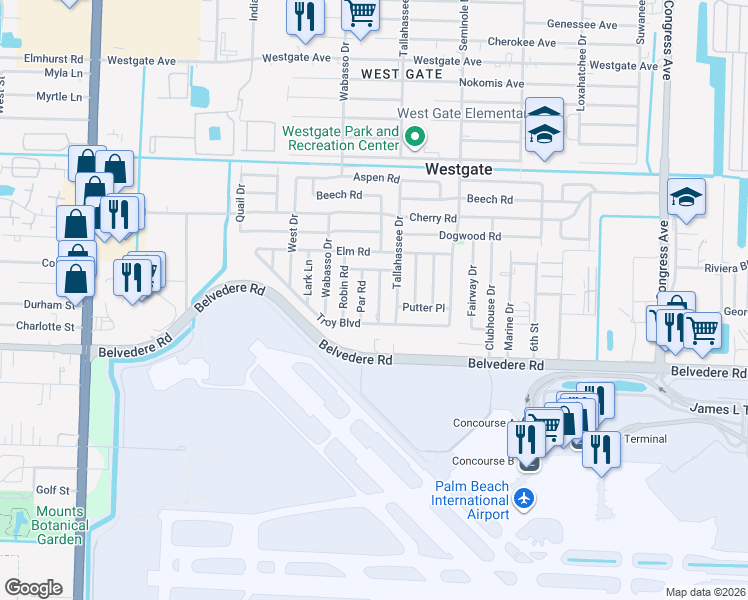 map of restaurants, bars, coffee shops, grocery stores, and more near 2341 Tallahassee Drive in West Palm Beach