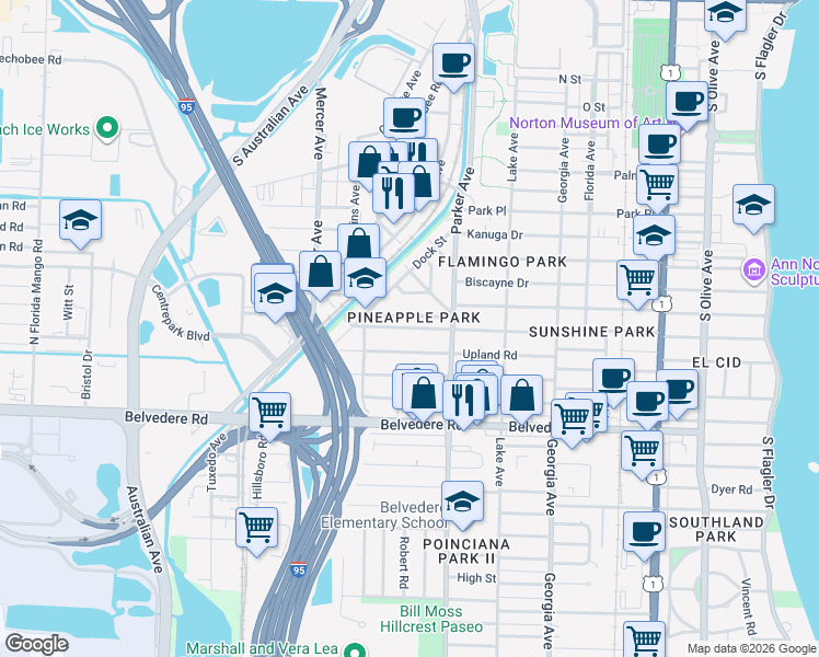 map of restaurants, bars, coffee shops, grocery stores, and more near 939 Ardmore Road in West Palm Beach
