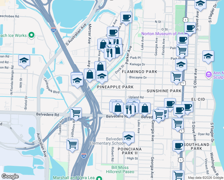 map of restaurants, bars, coffee shops, grocery stores, and more near 939 Ardmore Road in West Palm Beach