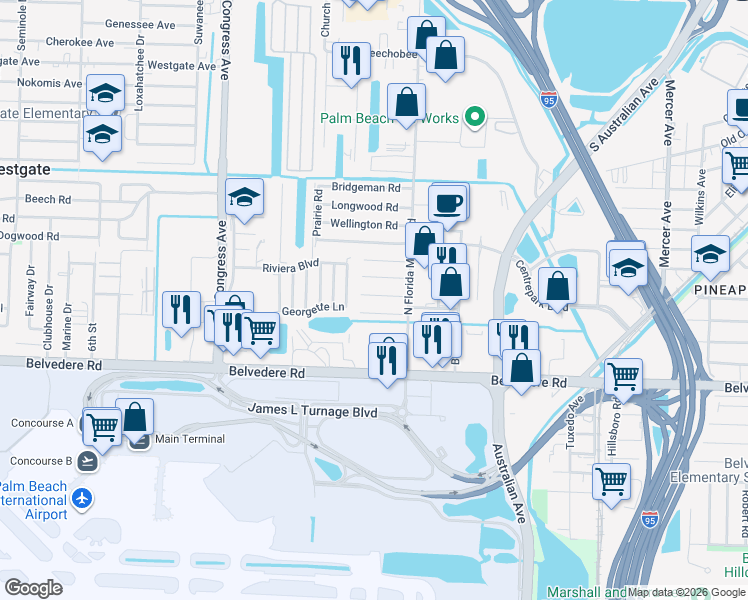 map of restaurants, bars, coffee shops, grocery stores, and more near 2032 Ardmore Road in West Palm Beach