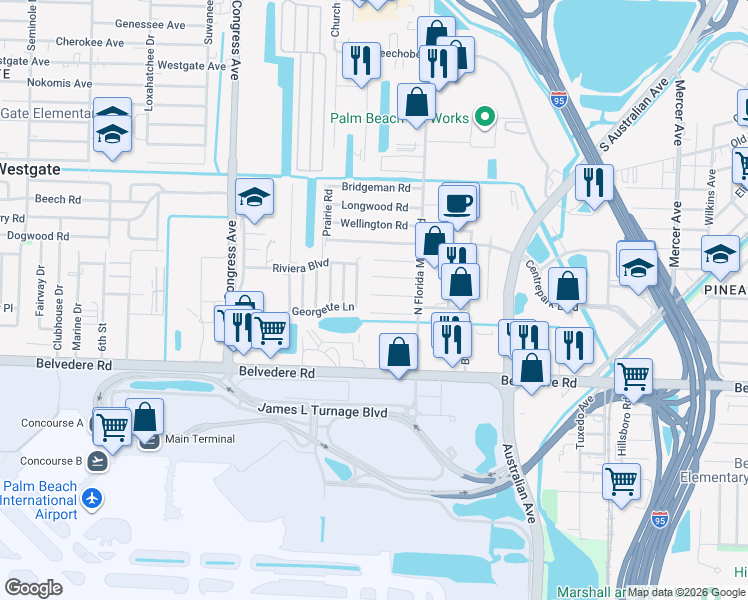 map of restaurants, bars, coffee shops, grocery stores, and more near 2032 Ardmore Road in West Palm Beach