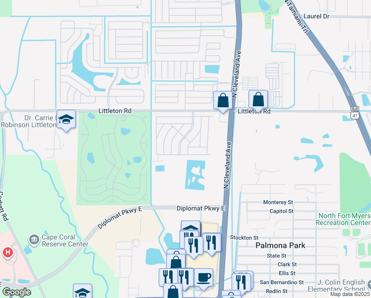 map of restaurants, bars, coffee shops, grocery stores, and more near 89 Sandhill Drive in North Fort Myers