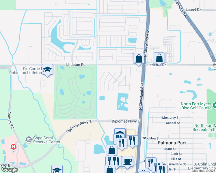 map of restaurants, bars, coffee shops, grocery stores, and more near 276 Moonwind Drive in North Fort Myers