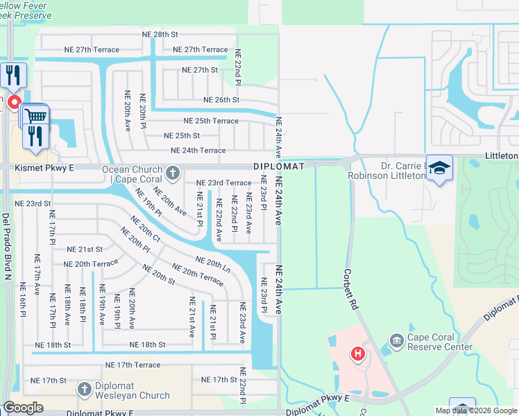 map of restaurants, bars, coffee shops, grocery stores, and more near 2209 Northeast 23rd Place in Cape Coral