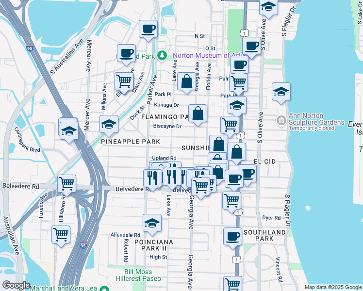 map of restaurants, bars, coffee shops, grocery stores, and more near 725 Ardmore Road in West Palm Beach