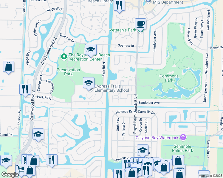 map of restaurants, bars, coffee shops, grocery stores, and more near 12001 Poinciana Boulevard in Royal Palm Beach