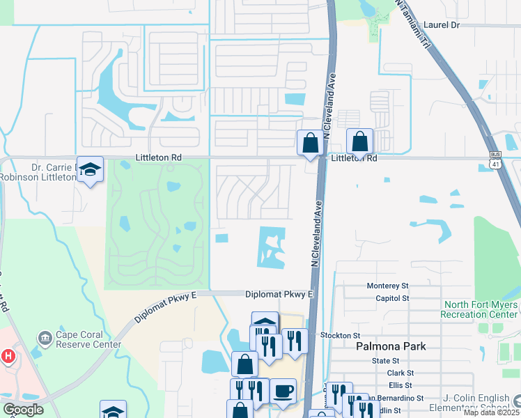 map of restaurants, bars, coffee shops, grocery stores, and more near 89 Sandhill Drive in North Fort Myers