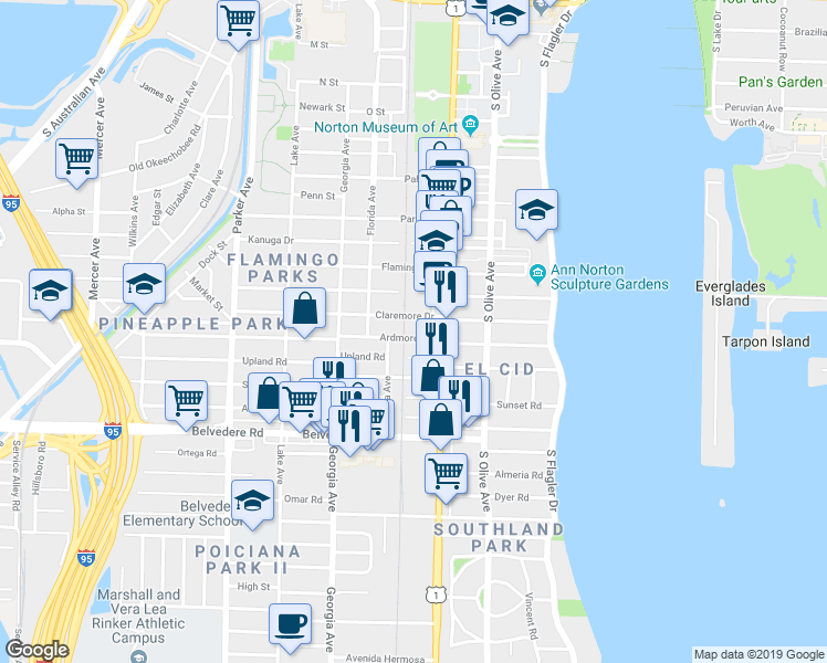 map of restaurants, bars, coffee shops, grocery stores, and more near 411 Ardmore Road in West Palm Beach