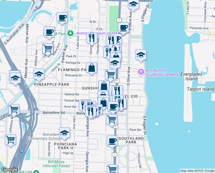 map of restaurants, bars, coffee shops, grocery stores, and more near 411 Ardmore Road in West Palm Beach