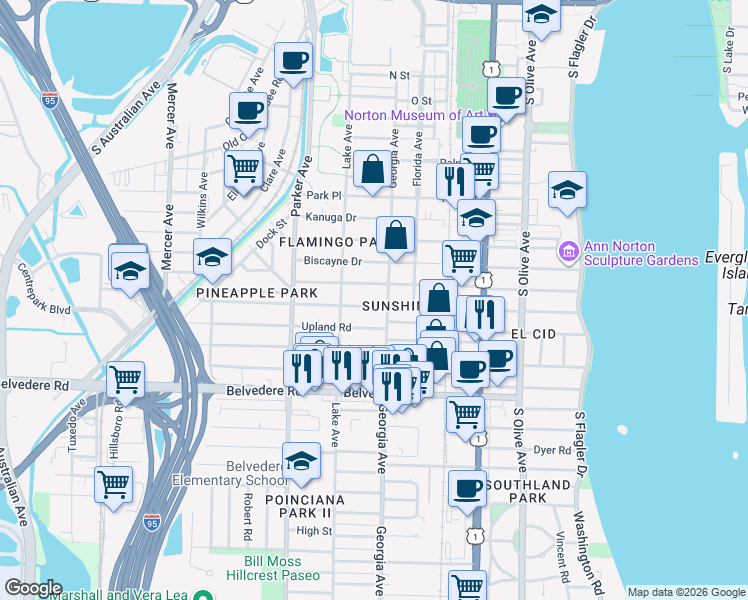 map of restaurants, bars, coffee shops, grocery stores, and more near 725 Ardmore Road in West Palm Beach