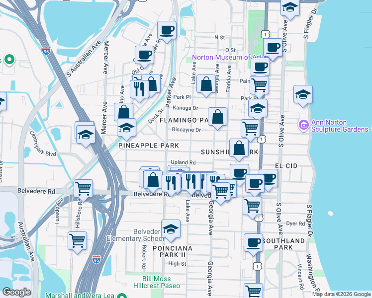 map of restaurants, bars, coffee shops, grocery stores, and more near 815 Ardmore Road in West Palm Beach