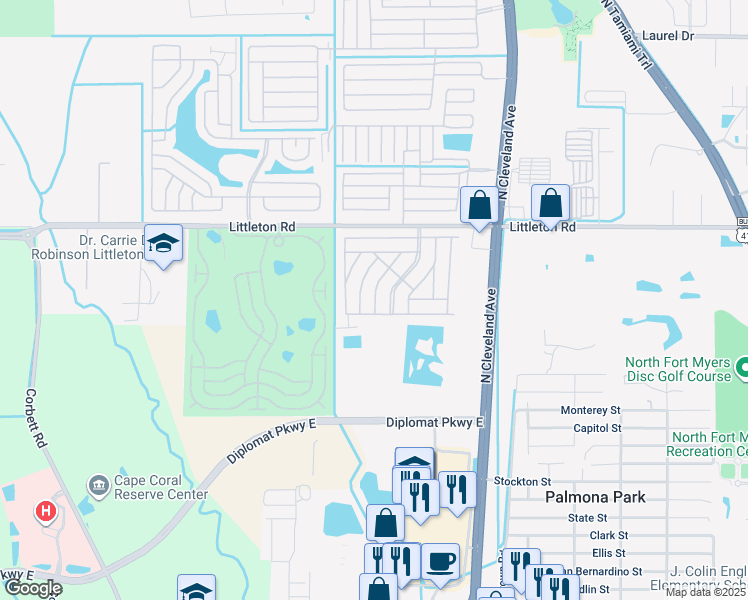 map of restaurants, bars, coffee shops, grocery stores, and more near 276 Moonwind Drive in North Fort Myers