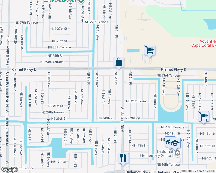 map of restaurants, bars, coffee shops, grocery stores, and more near 2212 Northeast 7th Place in Cape Coral