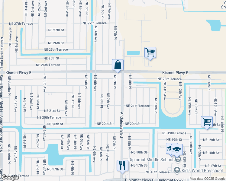 map of restaurants, bars, coffee shops, grocery stores, and more near 2212 Northeast 7th Place in Cape Coral
