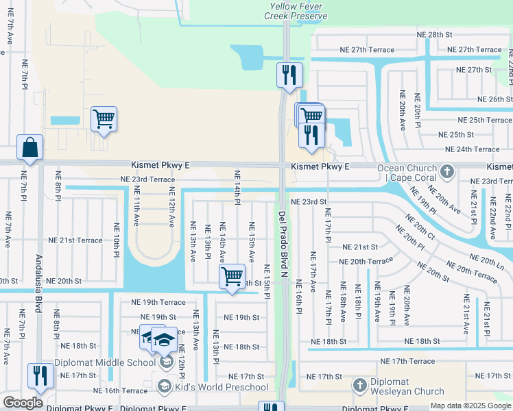 map of restaurants, bars, coffee shops, grocery stores, and more near 2217 Northeast 15th Avenue in Cape Coral