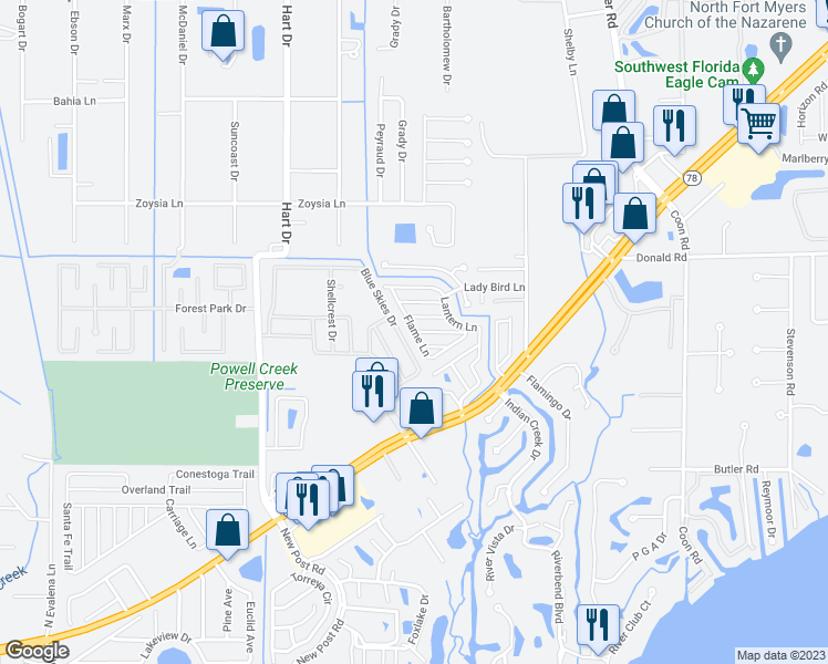 map of restaurants, bars, coffee shops, grocery stores, and more near 234 Flame Lane in North Fort Myers
