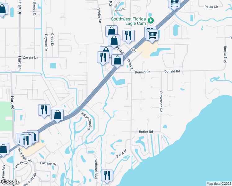 map of restaurants, bars, coffee shops, grocery stores, and more near 15120 Piping Plover Court in North Fort Myers