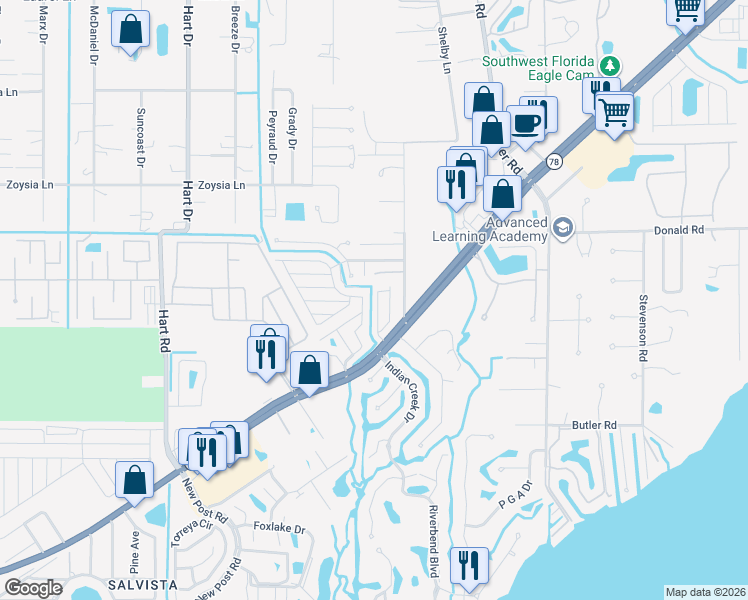 map of restaurants, bars, coffee shops, grocery stores, and more near 140 Lamplighter Lane in North Fort Myers