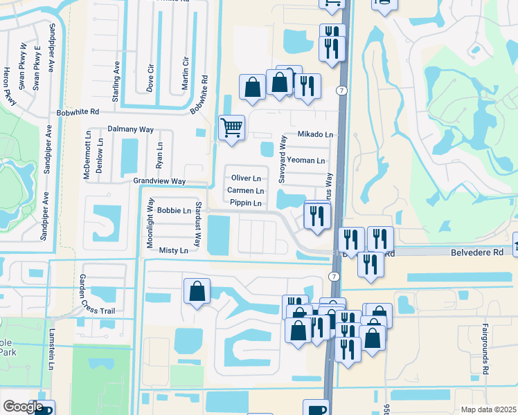 map of restaurants, bars, coffee shops, grocery stores, and more near 10304 Pippin Lane in Royal Palm Beach