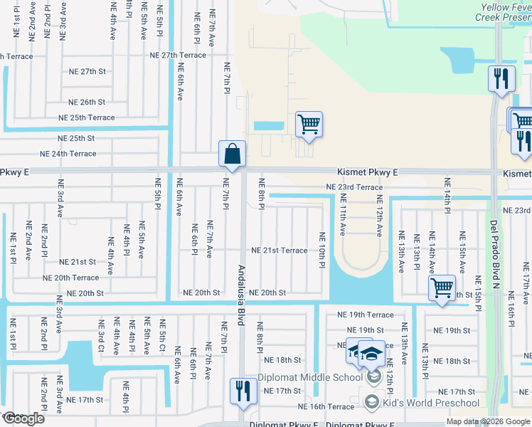 map of restaurants, bars, coffee shops, grocery stores, and more near 2217 Northeast 8th Place in Cape Coral