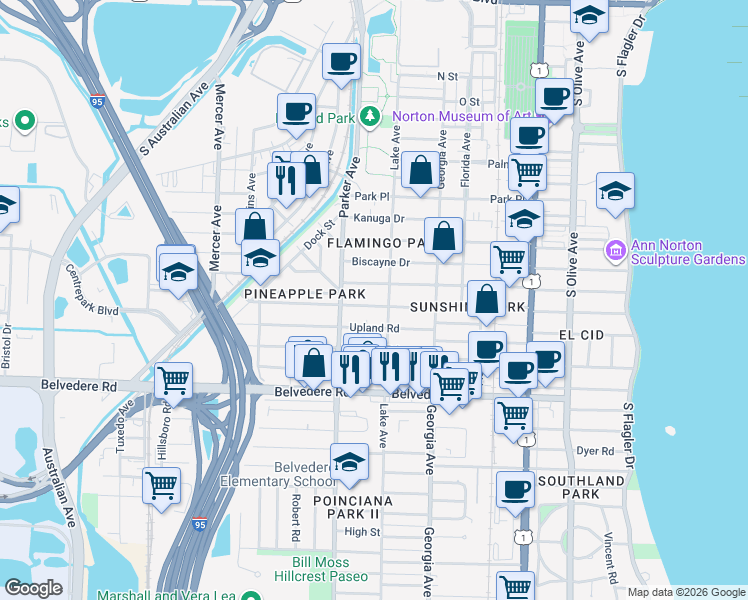 map of restaurants, bars, coffee shops, grocery stores, and more near 815 Ardmore Road in West Palm Beach