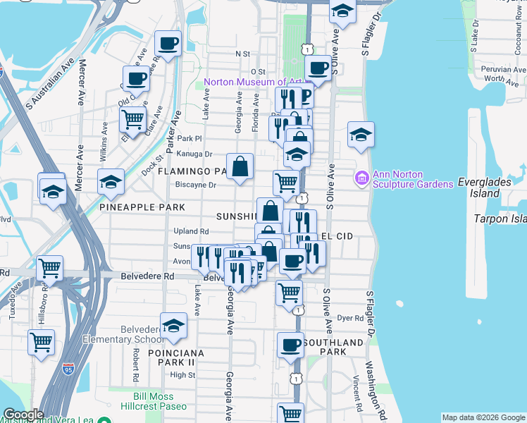 map of restaurants, bars, coffee shops, grocery stores, and more near 515 Ardmore Road in West Palm Beach