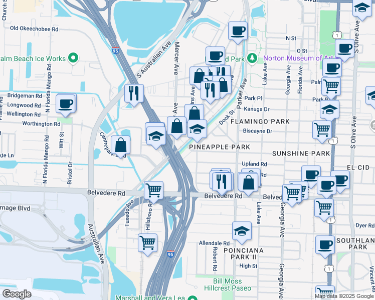 map of restaurants, bars, coffee shops, grocery stores, and more near 1104 Boyd Street in West Palm Beach