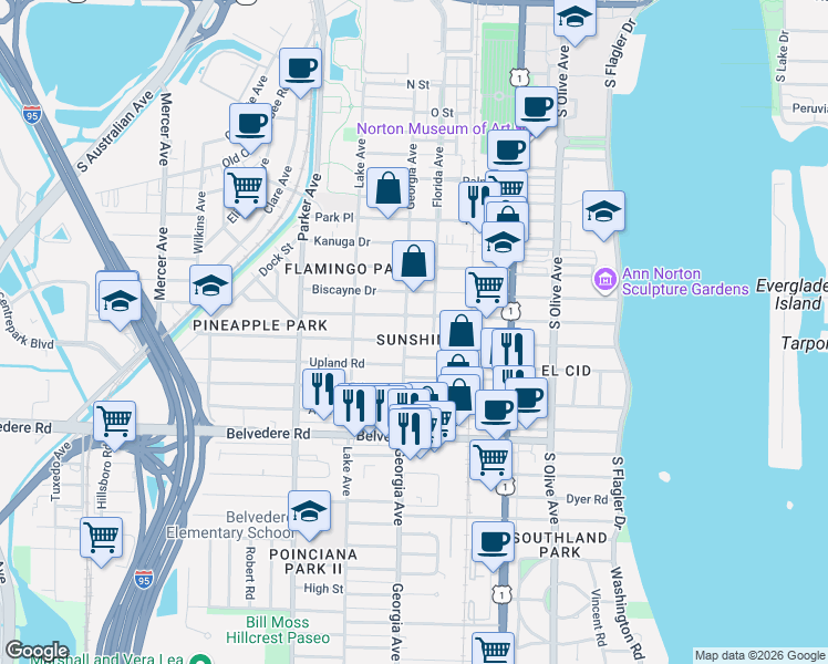 map of restaurants, bars, coffee shops, grocery stores, and more near 617 Ardmore Road in West Palm Beach